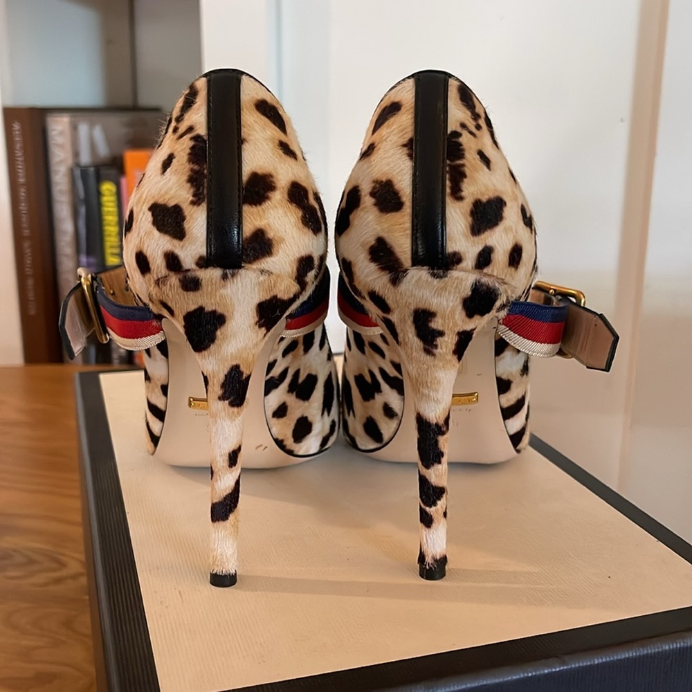 Sylvie Leopard Print Stiletto Heels with Red and Blue Straps - Picture 4 of 8